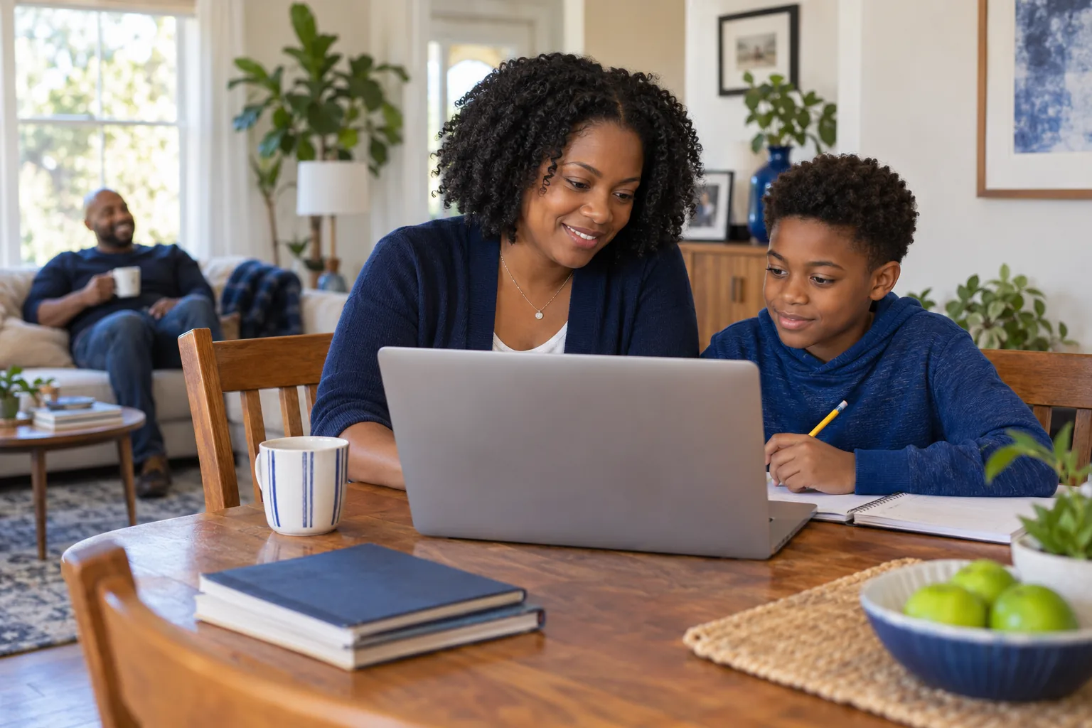 A parent and child doing schoolwork together on a laptop at home